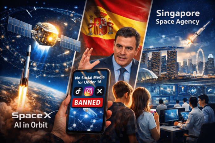 Седмицата в три новини: SpaceX стартира орбитални AI центрове, Испания Седмицата в три новини: SpaceX стартира орбитални AI центрове, Испания забранява социалните мрежи за деца, Сингапур създава космическа агенция.